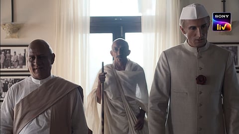 (From left) Rajendra Chawla as Sardar Vallabhbhai Patel, Chirag Vohra as Mahatma Gandhi and Sidhant Gupta as Jawaharlal Nehru
