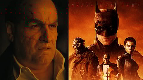 Colin Farrell as Penguin (L), and a poster of The Batman