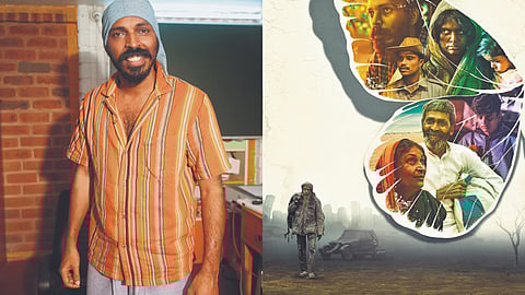 Raj B Shetty (L), and a poster from Roopanthara