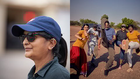 Sudha Kongara (left) and the cast, Akshay Kumar and Radhika Madan, having a light moment on the sets of Sarfira