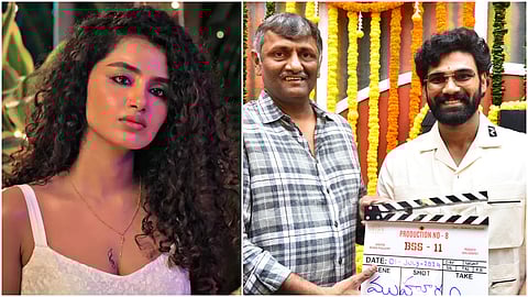 Anupama Parmeswaran (L), producer Naveen Yerneni of Mythri Movie Makers (M), Bellamkonda Sreenivas (R)