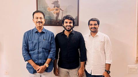 Kiran Abbavaram (C) with producer Chinta Gopala Reddy (L) and Vamsi Nandipati (R)