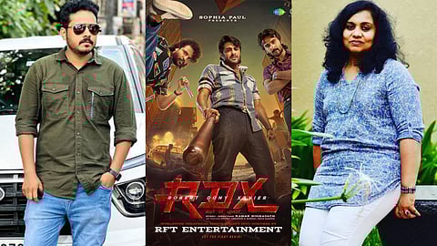 Nahas Hidayath (L), Poster of RDX, Sophia Paul (R)