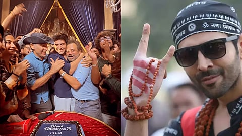 A picture from the wrap party (left) and Kartik Aaryan as Rooh Baba