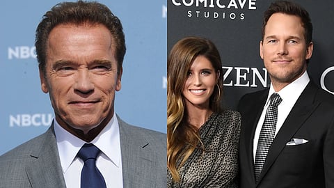 Arnold Schwarzenegger (L), Katherine Schwarzenegger and Chris Pratt (R)