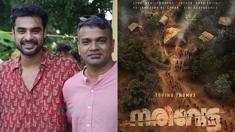 (L to R) Tovino Thomas, Anuraj Manohar, Poster of Narivetta