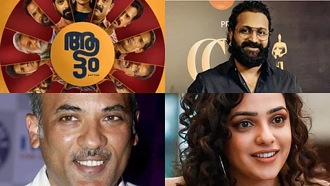 (Clockwise from top left) A poster of Aattam, Rishab Shetty, Sooraj Barjatya and Nithya Menen