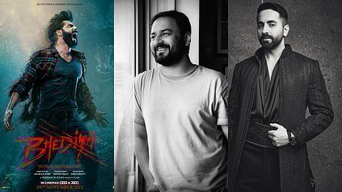 (from left) A poster of Bhediya, Amar Kaushik and Ayushmann Khurrana