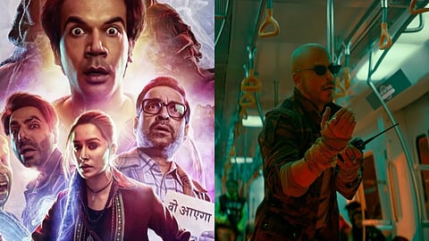 A poster from Stree 2 (left) and Shah Rukh Khan in Jawan