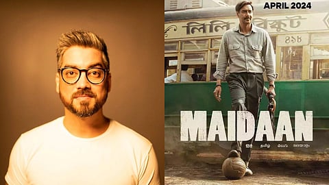 Amit Sharma and the poster of Maidaan