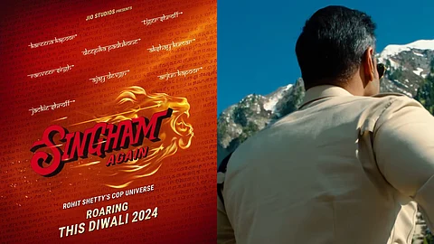 A poster of Singham Again (left) and a glimpse of Ajay Devgn from the film