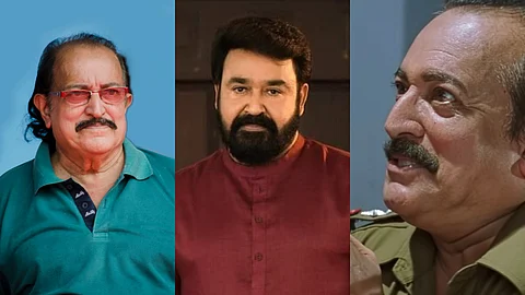 (L to R) T P Madhavan, Mohanlal, Screen grab from Ayal Kadha Ezhuthukayanu (1998)