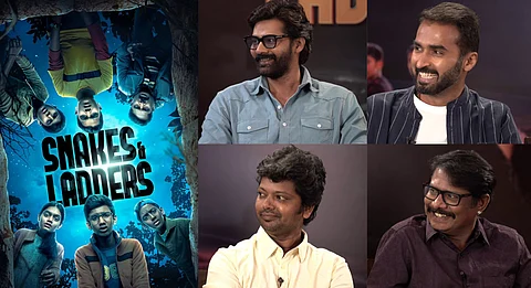 Snakes and Ladders posters (left) along with actors Naveen Chandra (top left), Nandaa Dorairaj (top right) and creator Kamala Alchemis (bottom left) and actor Manoj Bharathiraja (bottom right)