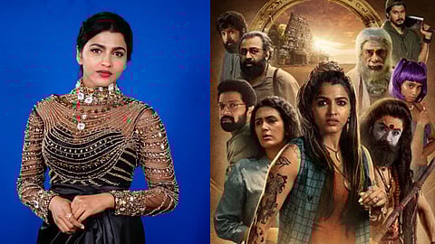 Actor Sai Dhanshika and the poster of Aindham Vedham