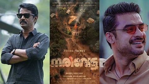(L to R) Cheran, Poster of Narivetta, Tovino Thomas
