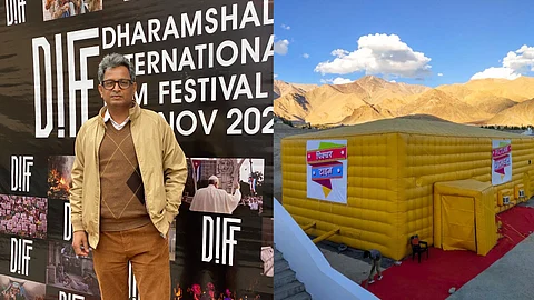 Sushil Chaudhary (L) and a portable mobile digital theatre by Picturetime (R)