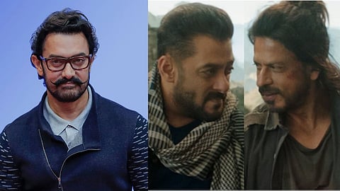 Aamir Khan (L) and Salman Khan and Shah Rukh Khan in the post-credits scene in Pathaan