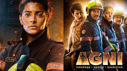 Saiyami Kher's character in Agni (L) and the poster of the film (R)