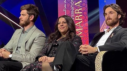 From left, Andrew Garfield, Zoya Akhtar and Jacob Elardi