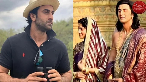 Ranbir Kapoor (left) and the actor along with Sai Pallavi in a leaked photo from the sets of Ramayana