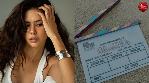 Sonam Bajwa (left) and a picture of a clapboard she shared from the sets of Baaghi 4