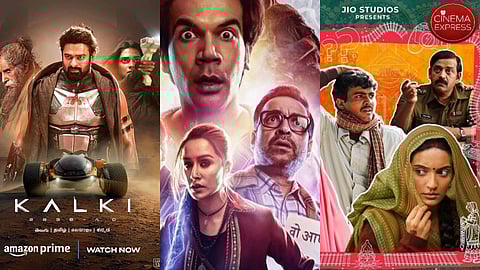 (from left) Posters of Kalki 2898 AD, Stree 2 and Laapataa Ladies