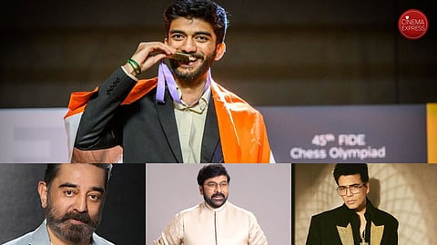 Up: Gukesh D; Down: Kamal Haasan (L), Chiranjeevi (M) and Karan Johar (R)