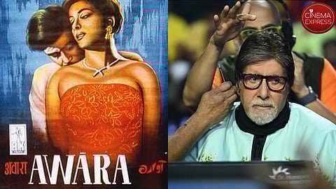A poster from Awara (left) and Amitabh Bachchan
