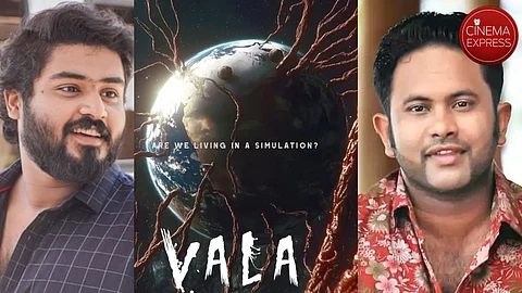 (L to R) Gokul Suresh, Title poster of Vala, Aju Varghese