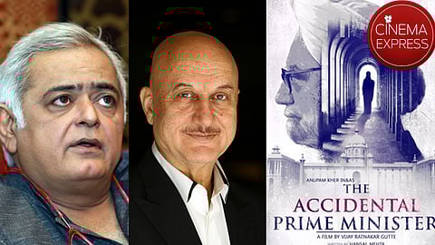 Hansal Mehta (L), Anupam Kher (R) and The Accidental Prime Minister poster
