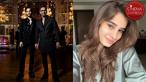 Aaman Devgan and Ajay Devgn (left) and Rasha Thadani