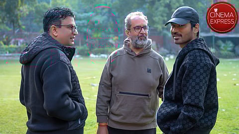(from left) Producer Bhushan Kumar, director Aanand L Rai and actor Dhanush at the sets of Tere Ishk Mein