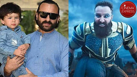 Saif and Taimur (L) and Saif in Adipurush (R)