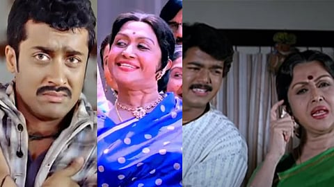 Suriya and Saroja Devi in Aadhavan; Saroja Devi in Once More