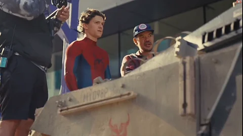 Tom Holland (L) and director Destin Daniel Cretton (R) on the sets of Spider-Man: Brand New Day