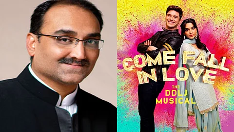 Aditya Chopra (L) and Come Fall In Love poster (R)