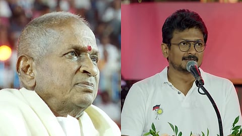 Ilaiyaraaja (L) and Udhayanidhi Stalin (R) at the Golden Jubilee event