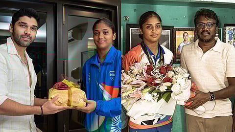 Mari Selvaraj, Dhruv Vikram meet ace Kabaddi player Karthika, present her with gold coin and Rs 5 lakh cheque