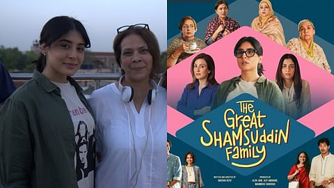 Kritika Kamra and director Anusha Rizvi on sets of The Great Shamsuddin Family (left) and a poster from the film
