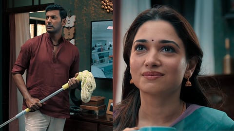 Screengrab from Purushan title promo featuring Vishal and Tamannaah