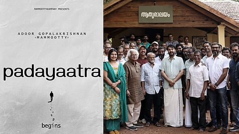 Mammootty-Adoor film Padayaatra title poster (L), still from film's launch (R)
