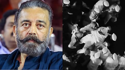 Kamal Haasan; screengrab of Gandhi being carried by his supporters after being shot in Lead on Gandhi