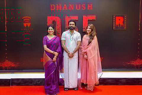 Dhanush with Sai Pallavi (L) and Sreeleela (R) during the pooja ceremony of D55
