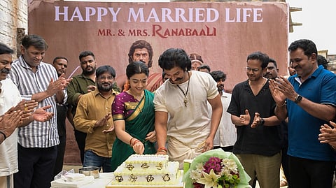 Team Ranabaali welcomes newly married Vijay and Rashmika on sets