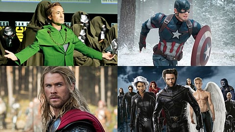 Stills of Robert Downey Jr as Dr Doom, Chris Evans as Captain America, Chris Hemsworth as Thor and a poster of X-Men