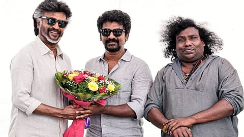 Yogi Babu with Rajinikanth and Nelson during the wrap of Jailer 2