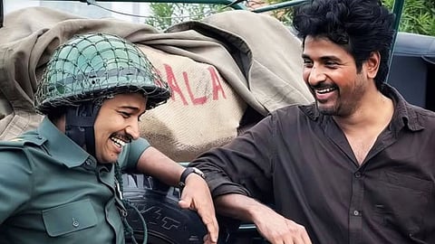 Basil Joseph and Sivakarthikeyan in the sets of Parasakthi