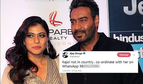Ajay Devgn shares Kajol's 'WhatsApp' number on Twitter; calls it a prank later