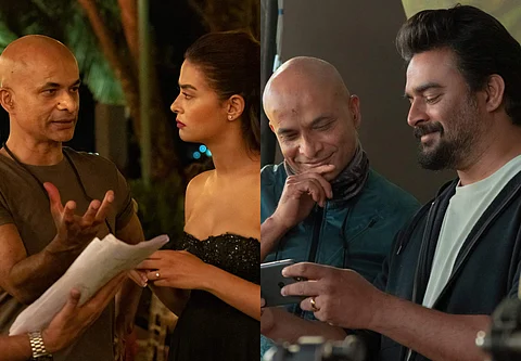 Manu Joseph with Madhavan and Surveen Chawla