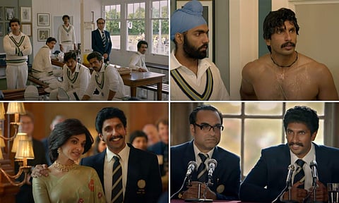 A collage of stills from 83 trailer starring Ranveer Singh, Deepika Padukone, Pankaj Tripathi, Jiiva